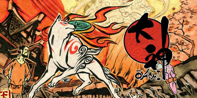 The white wolf Okami drawn in traditional Japanese art style.