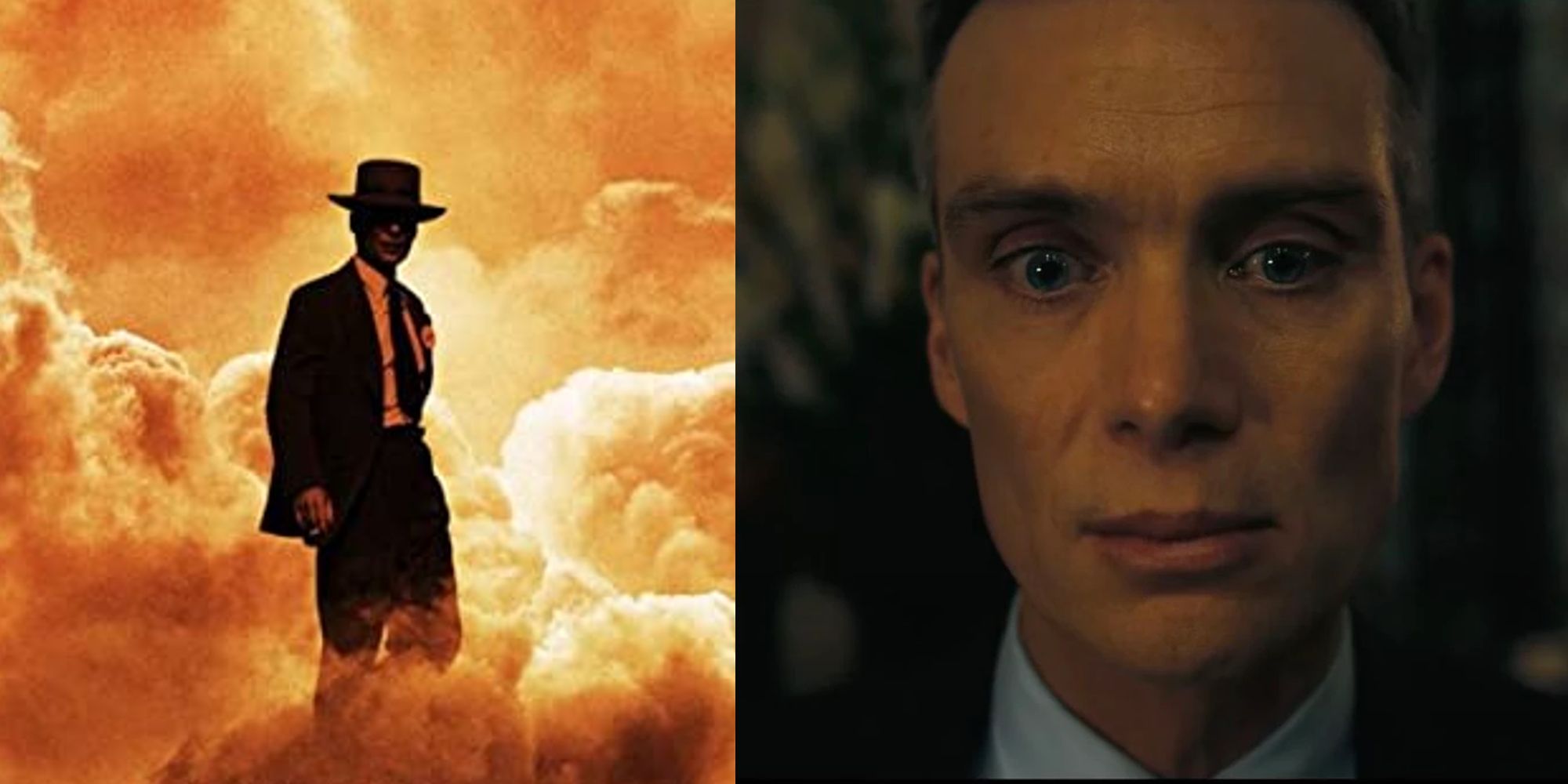 Cillian Murphy on the poster for Oppenheimer; Cillian Murphy close-up in Oppenheimer