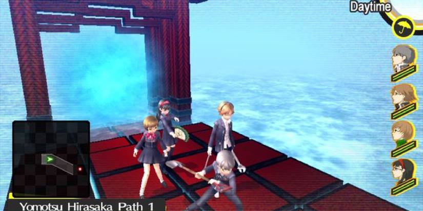 The party stands with weapons at the ready on a floating pathway in the Yomatsu Hisaka dungeon. 