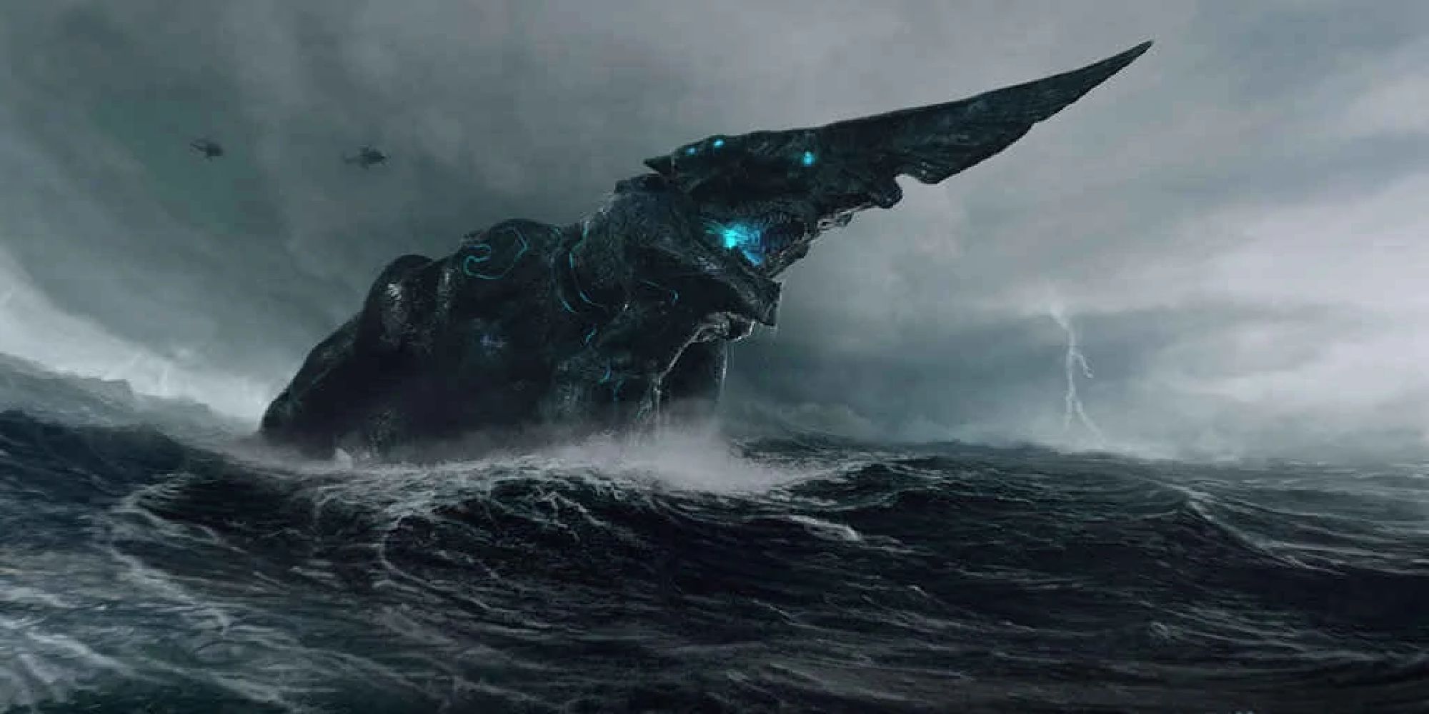 The pointy-headed kaiju Knifehead emerging from the raging seas