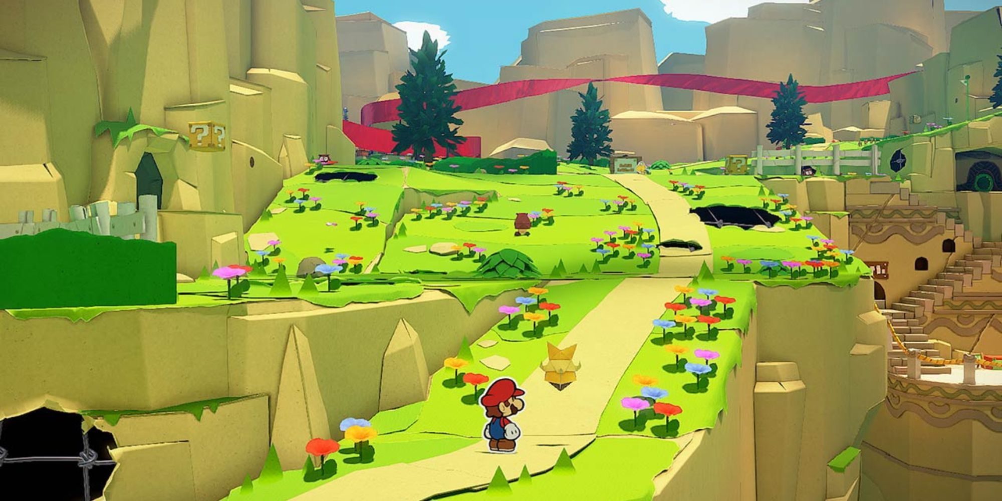Mario walking up a hill in Paper Mario: The Origami King