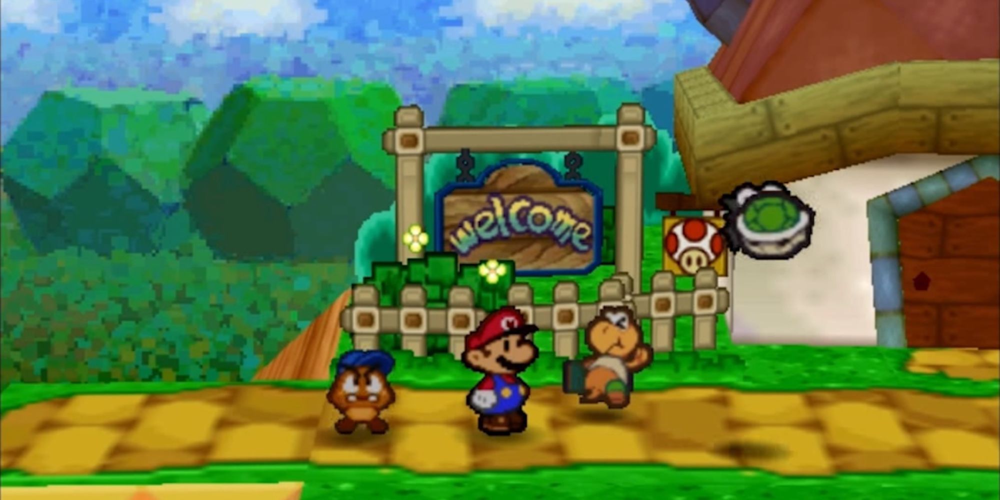 Paper Mario in front of a welcome sign
