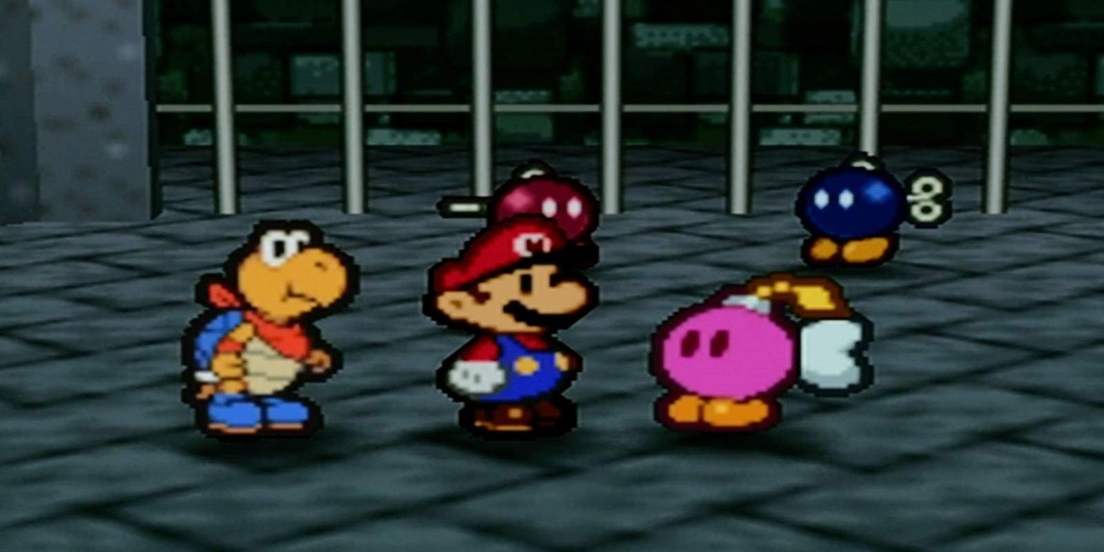 Bombette meeting Mario for the first time in Paper Mario