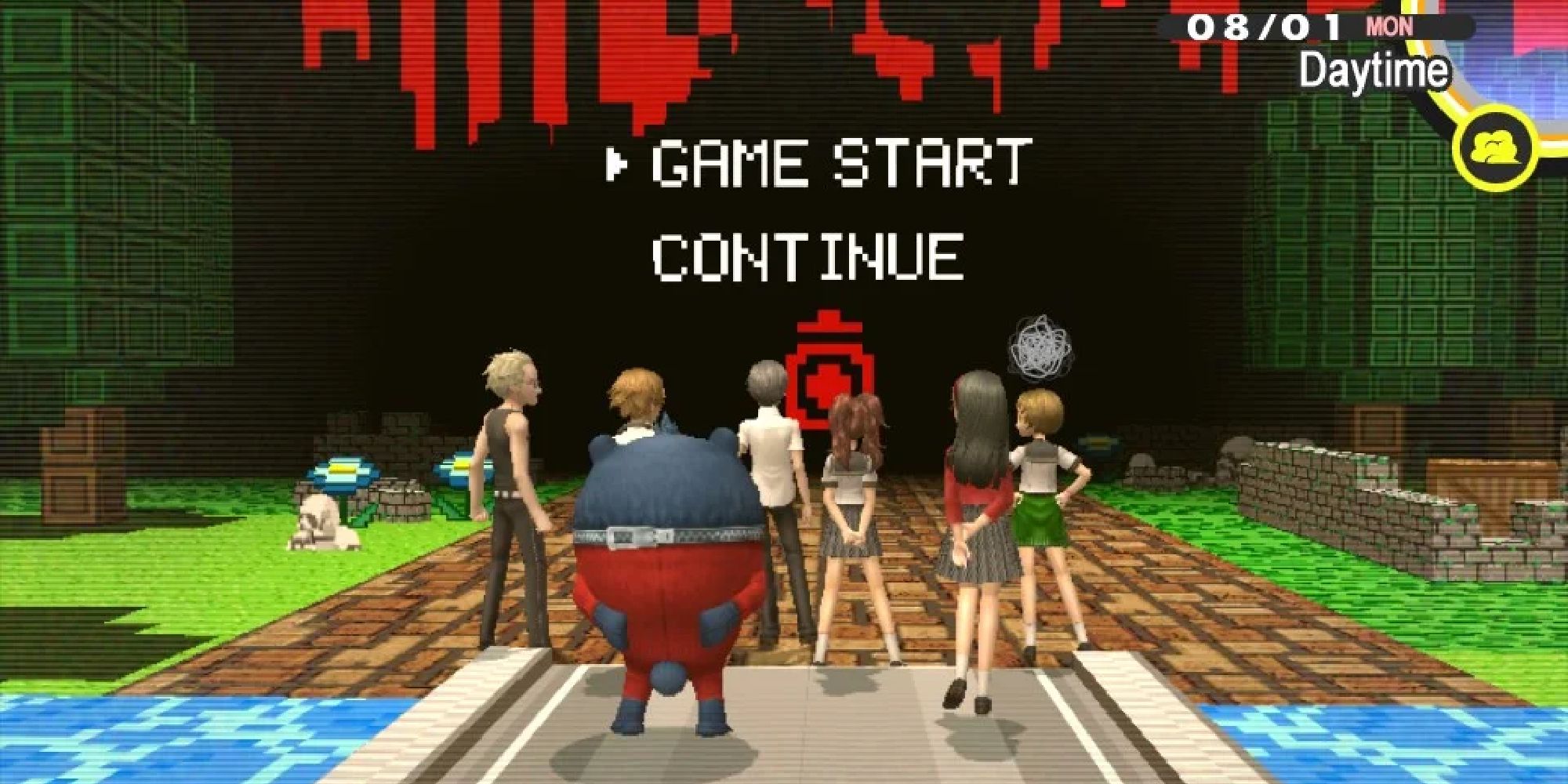 The party stands at the entrance of the pixelated dungeon, the words GAME START and EXIT floating above them. 