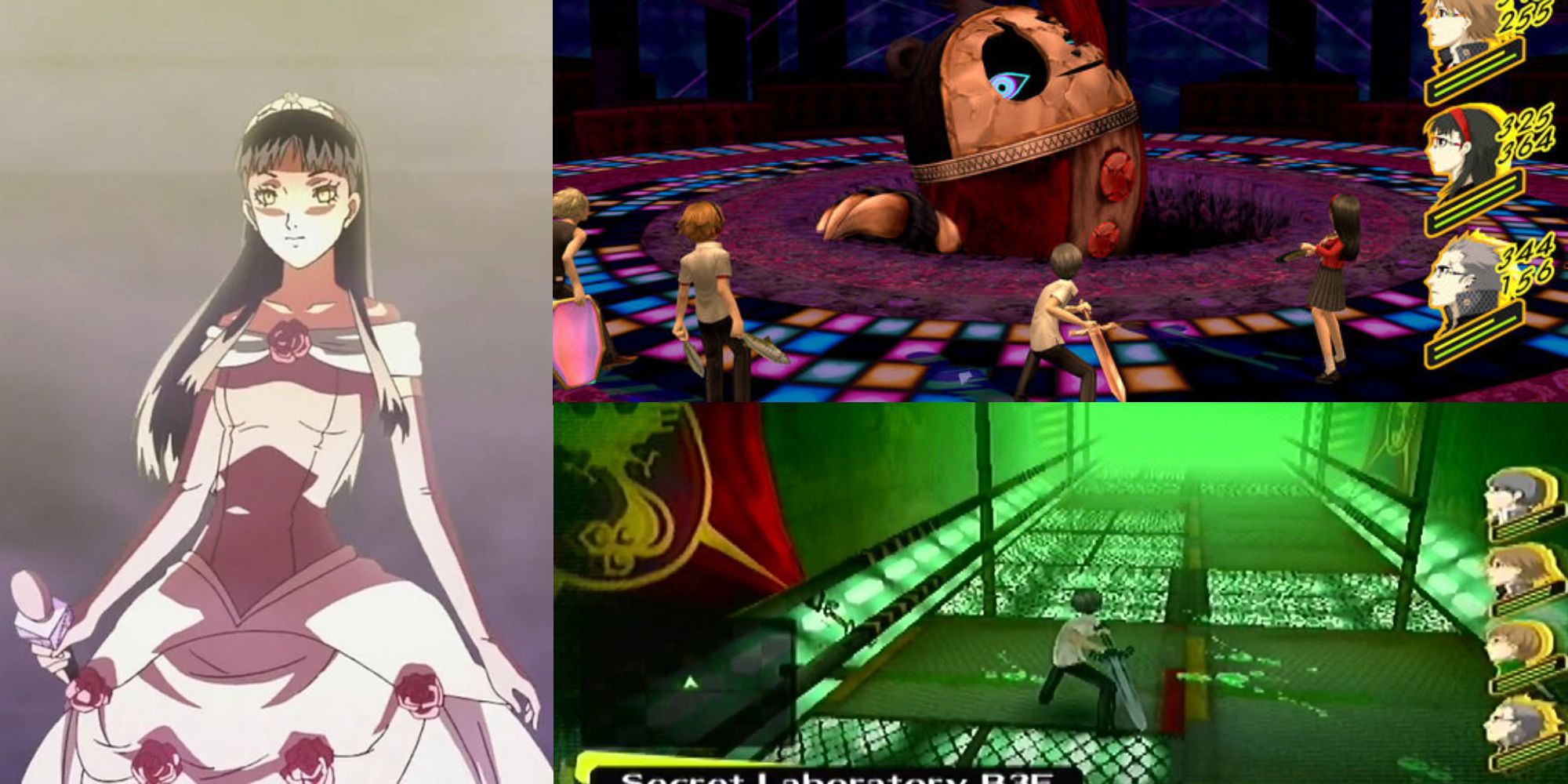 Yukiko's shadow and two examples of dungeons from the game, one showing a boss fight and the other demonstrating exploration.