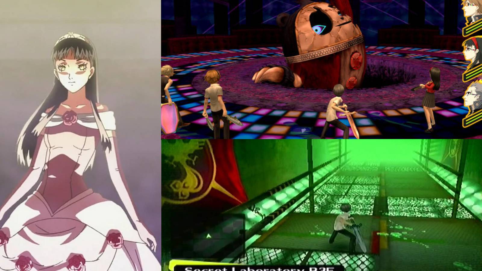 Yukiko's shadow and two examples of dungeons from the game, one showing a boss fight and the other demonstrating exploration.