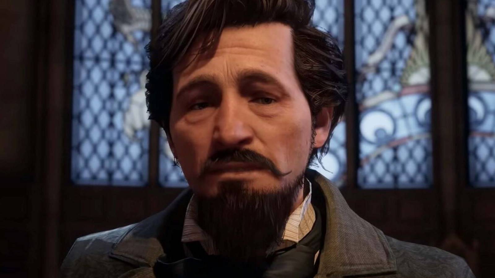 Close up of Headmaster Phineas Nigellus Black in Hogwarts Legacy played by Simon Pegg