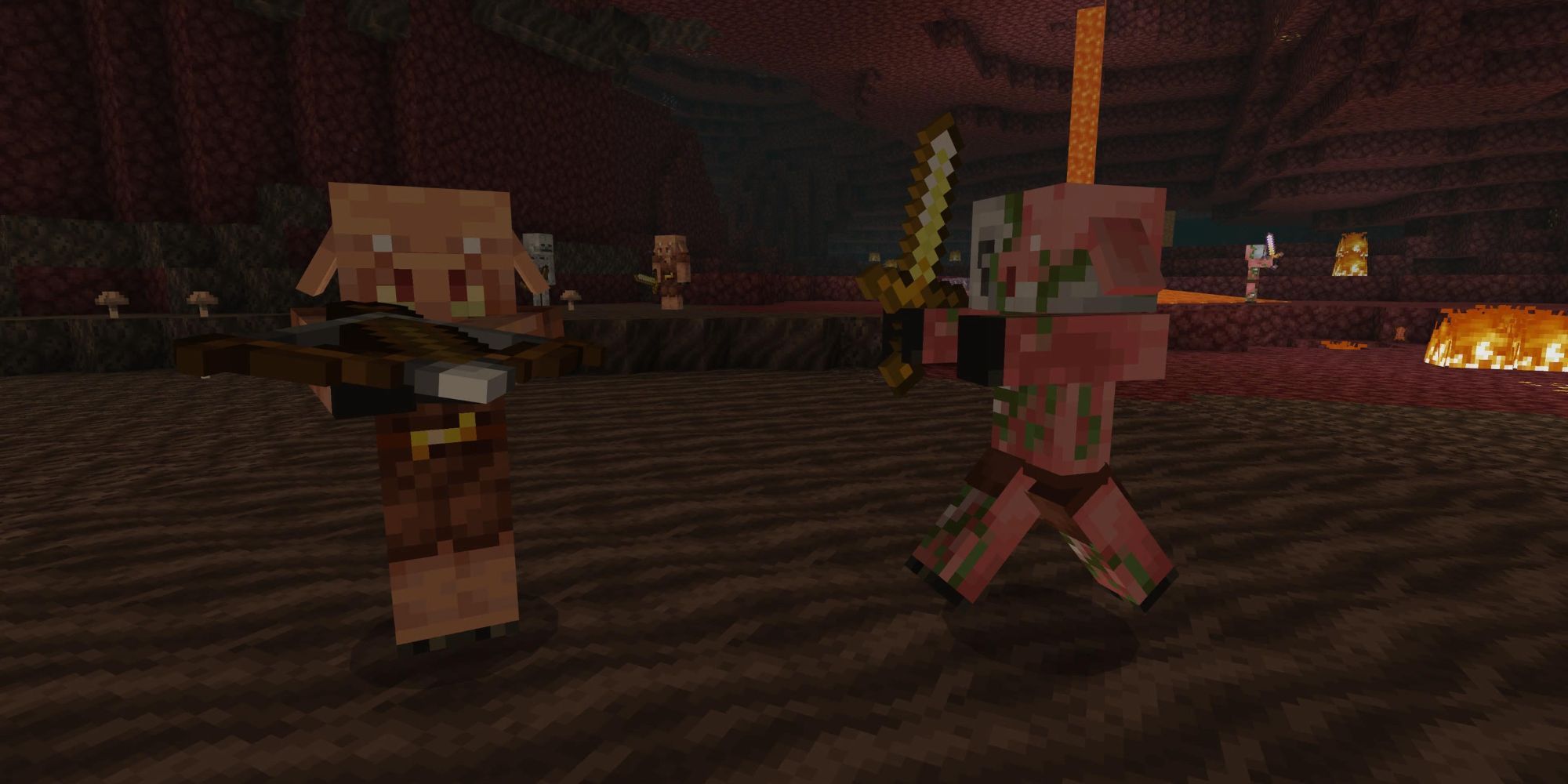 A Piglin and a Zombie Piglin standing next to each other in the Nether in Minecraft