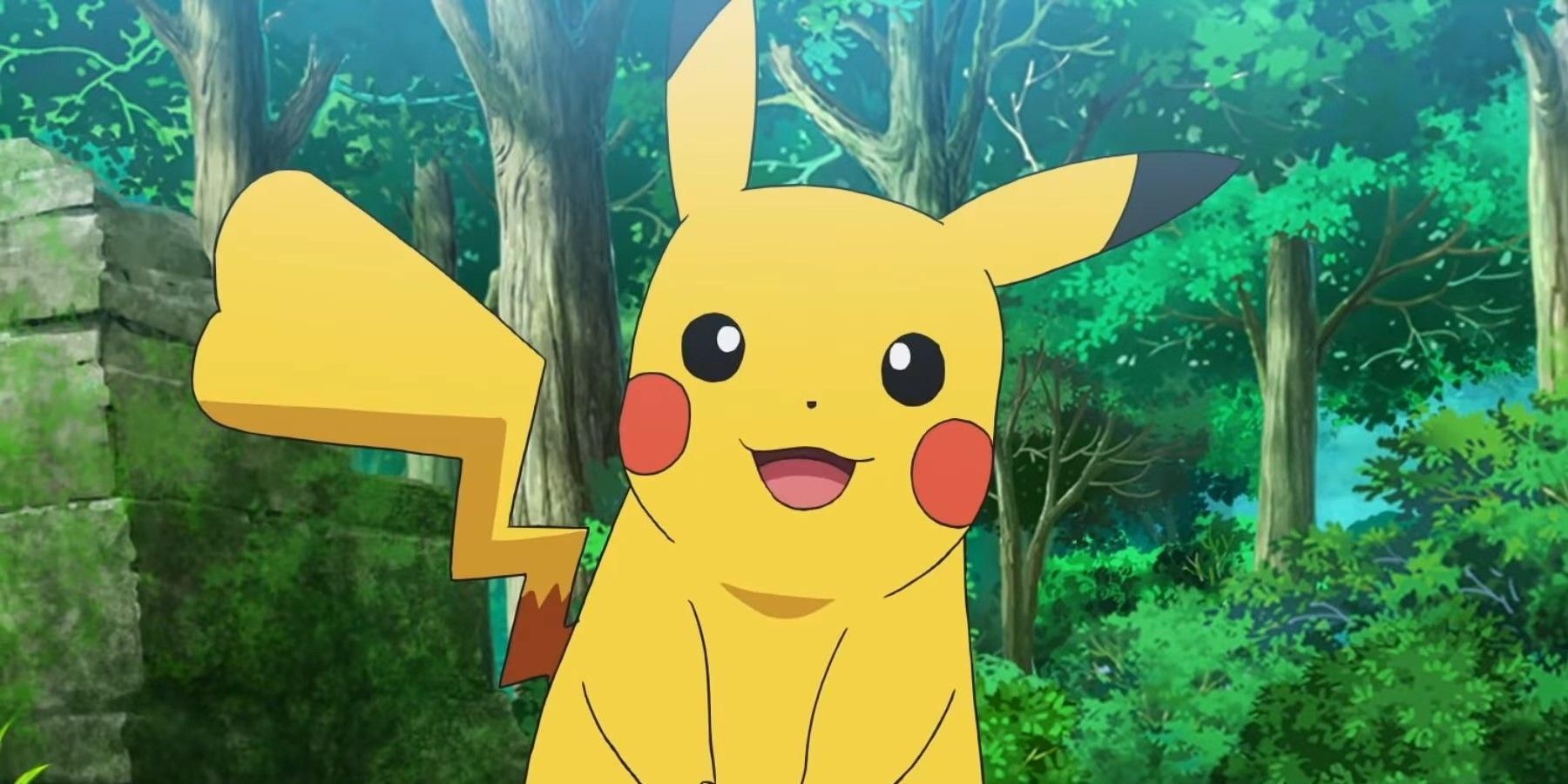 Pikachu smiling alone in forest