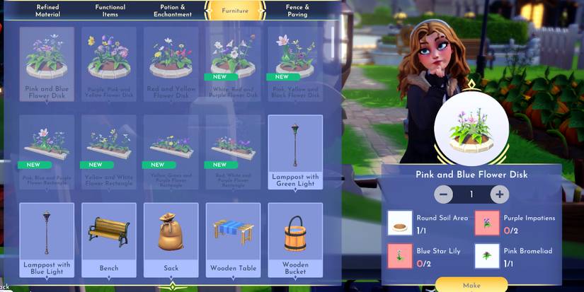 pink and blue flower disk in disney dreamlight valley