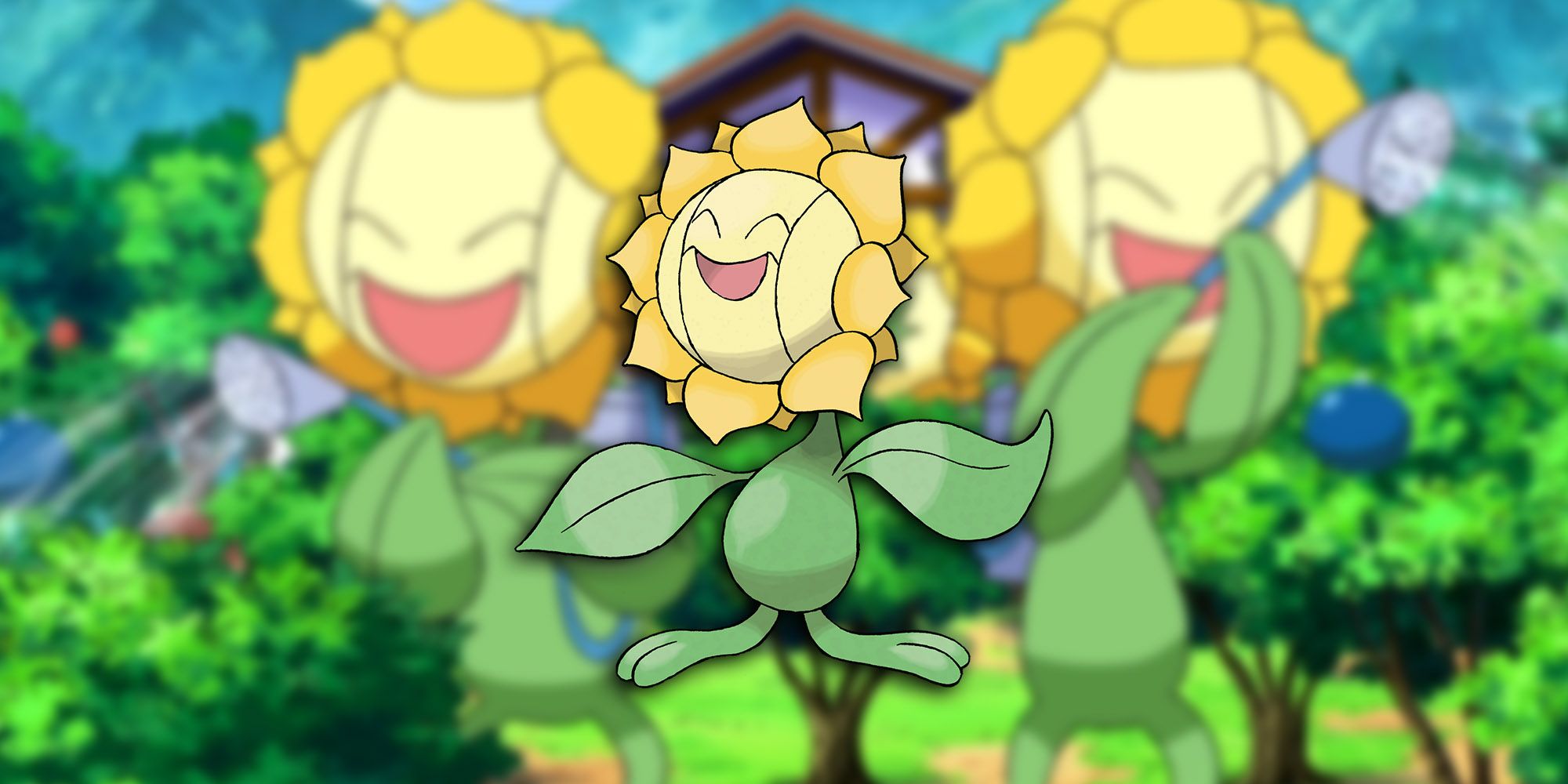 Pokemon - A Couple Of Sunfloras Working In The Garden With Png Of Sunflora On Top-1