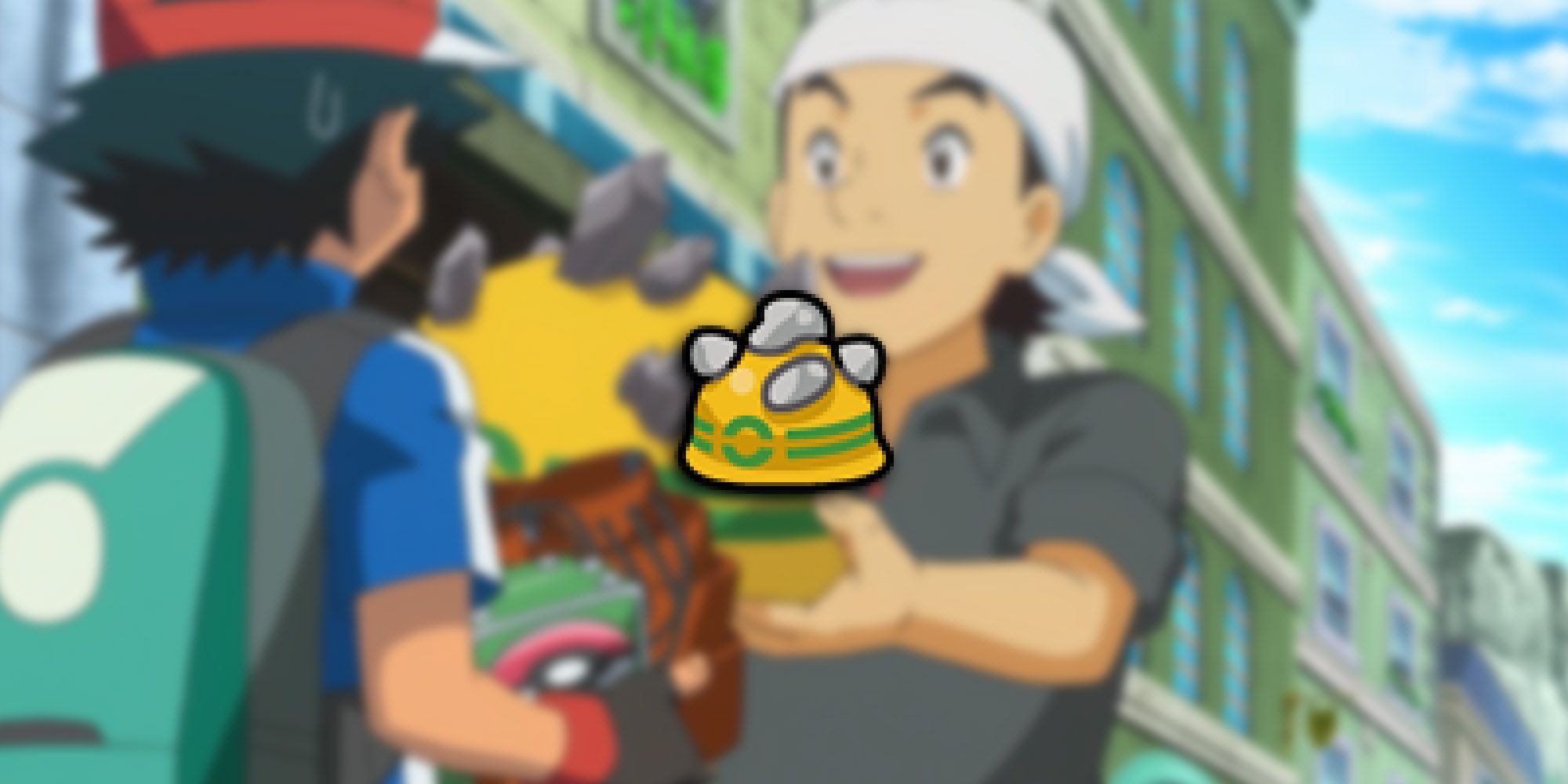 Pokemon - Ash Being Handed Rocky Helmet In Anime With PNG Of Item On Top