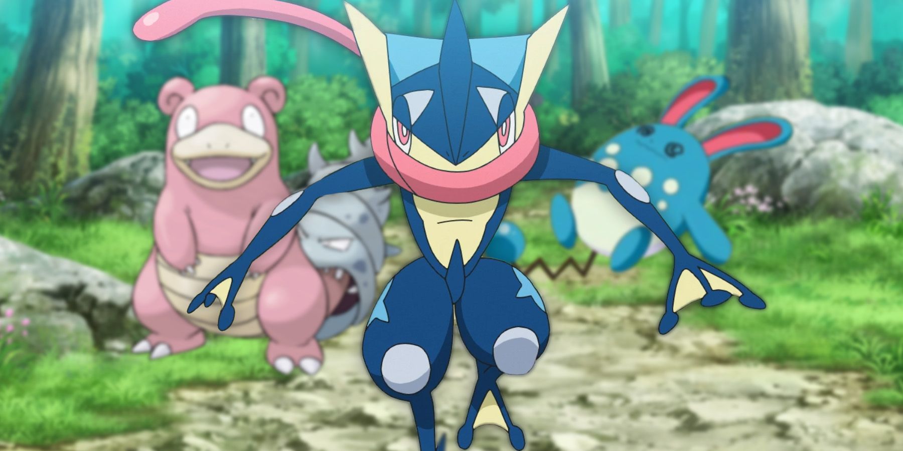 Pokemon Greninja stands before Slowbro And Azumarill in forest