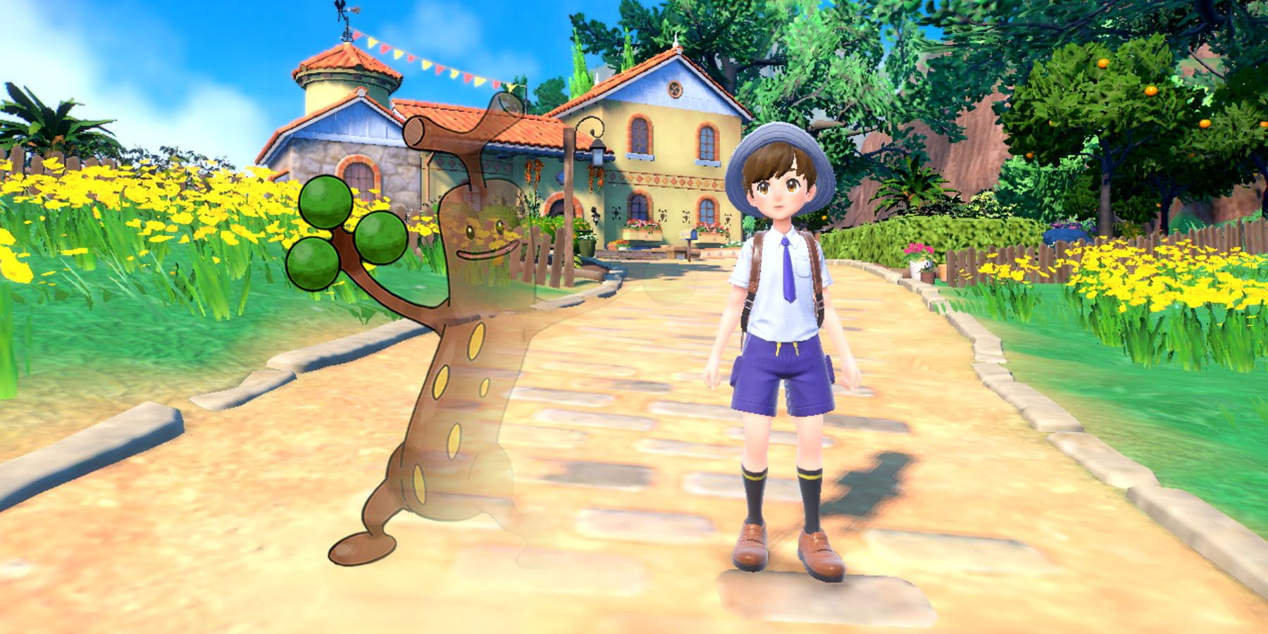 Screenshot of Pokemon Scarlet and Violet overlaid with a vanishing Sudowoodo