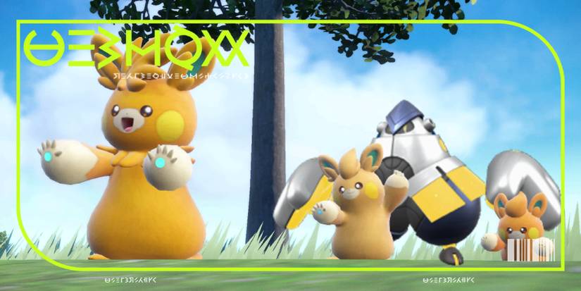 Pawmot's Pokedex entry alongside its pre-evolved forms Pawmi and Pawmo, as well as Iron Hands, who all share the Electric/Fighting type combination.