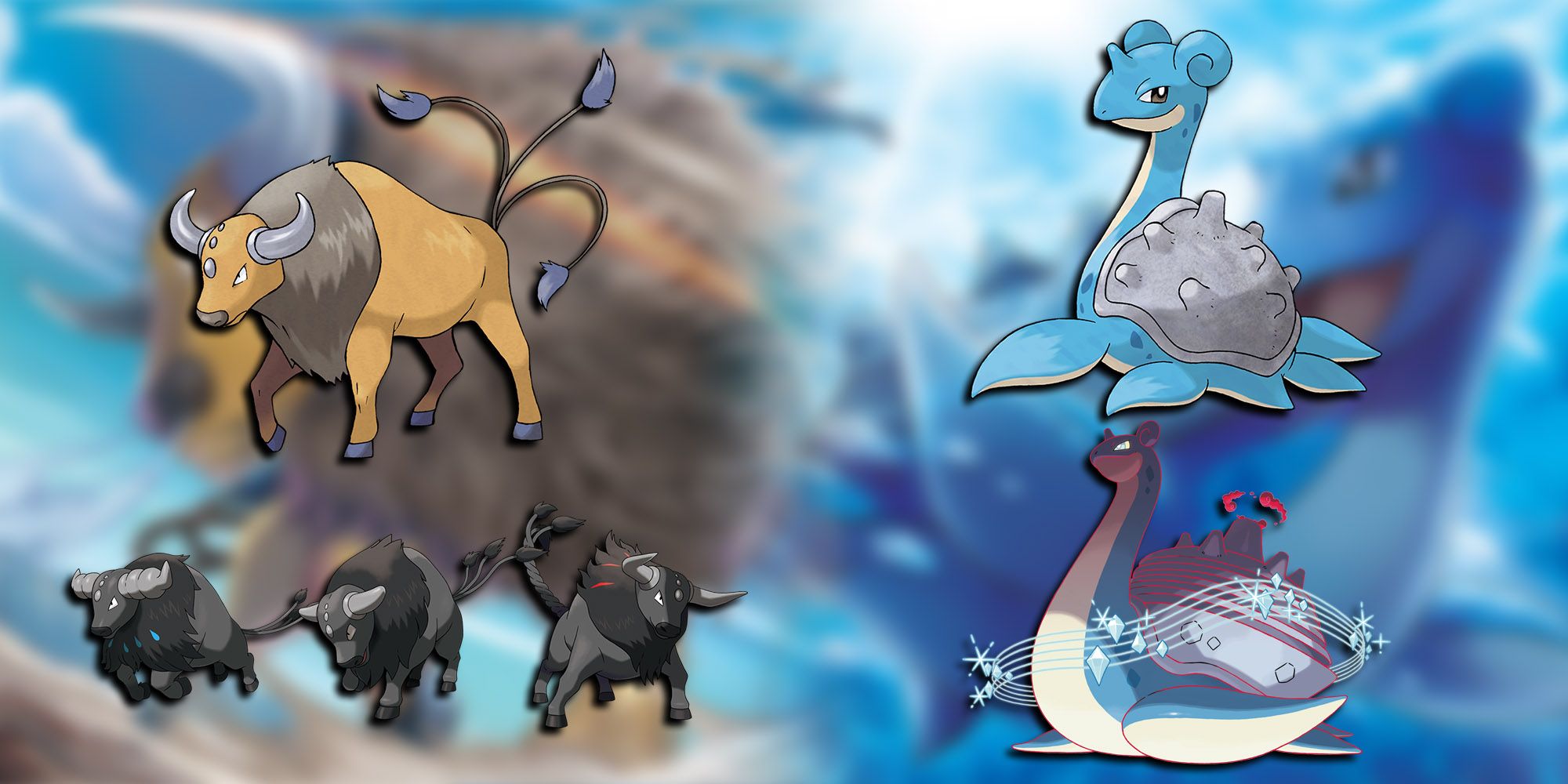 Pokemon - Tauros And Paldea Variants Side By Side With Lapras And Gigantamax Lapras