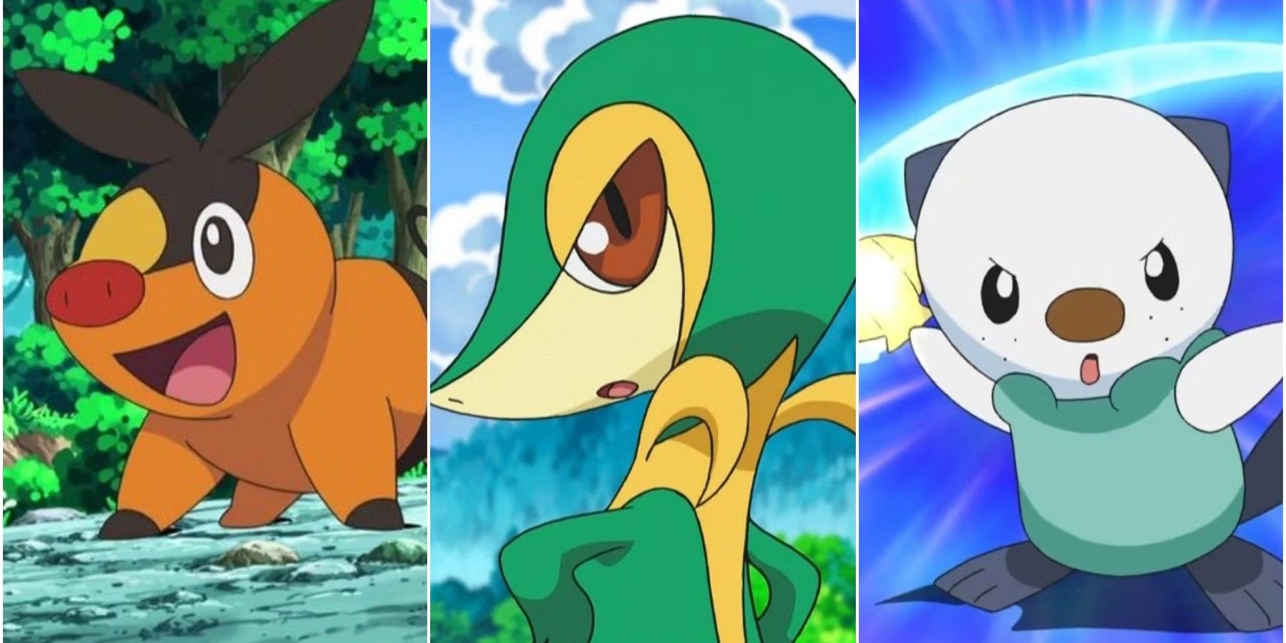 Unova starters Tepig, Snivy, and Oshawott stand ready for battle.