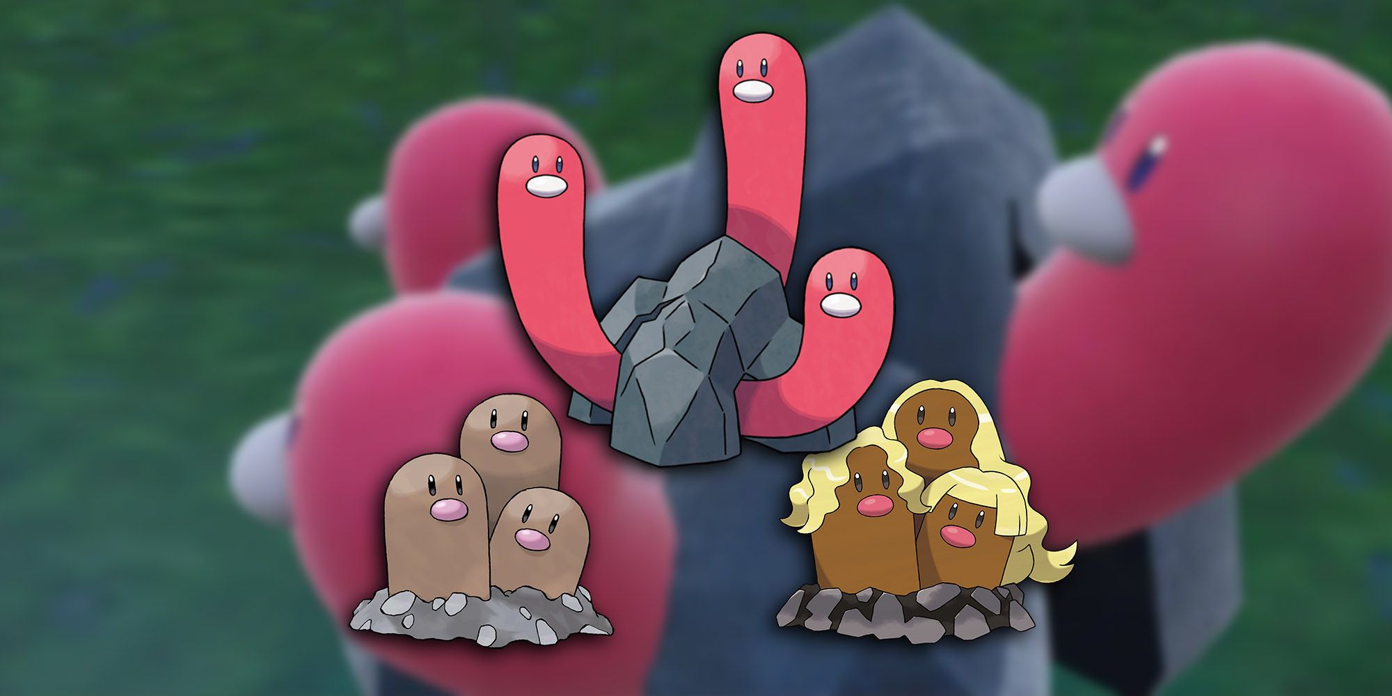 Pokemon - Wugtrio Seen In-Game With PNGs Of Dugtrio, Alolan Dugtrio, and Wugtrio On Top