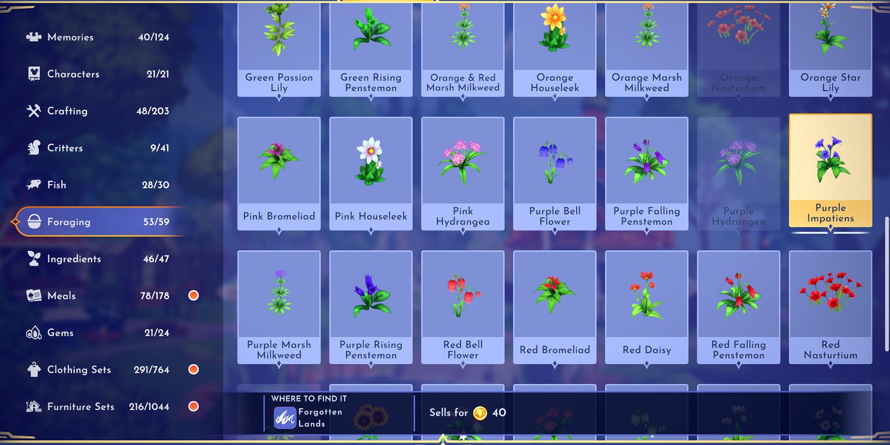 purple impatiens location in disney dreamlight valley