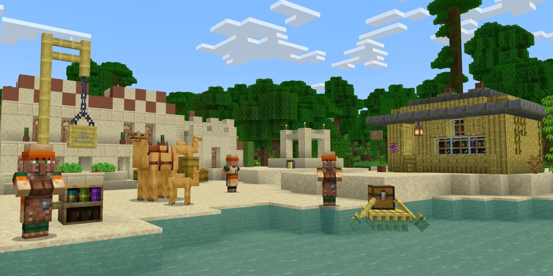 Minecraft screenshot of a desert village with a bamboo raft