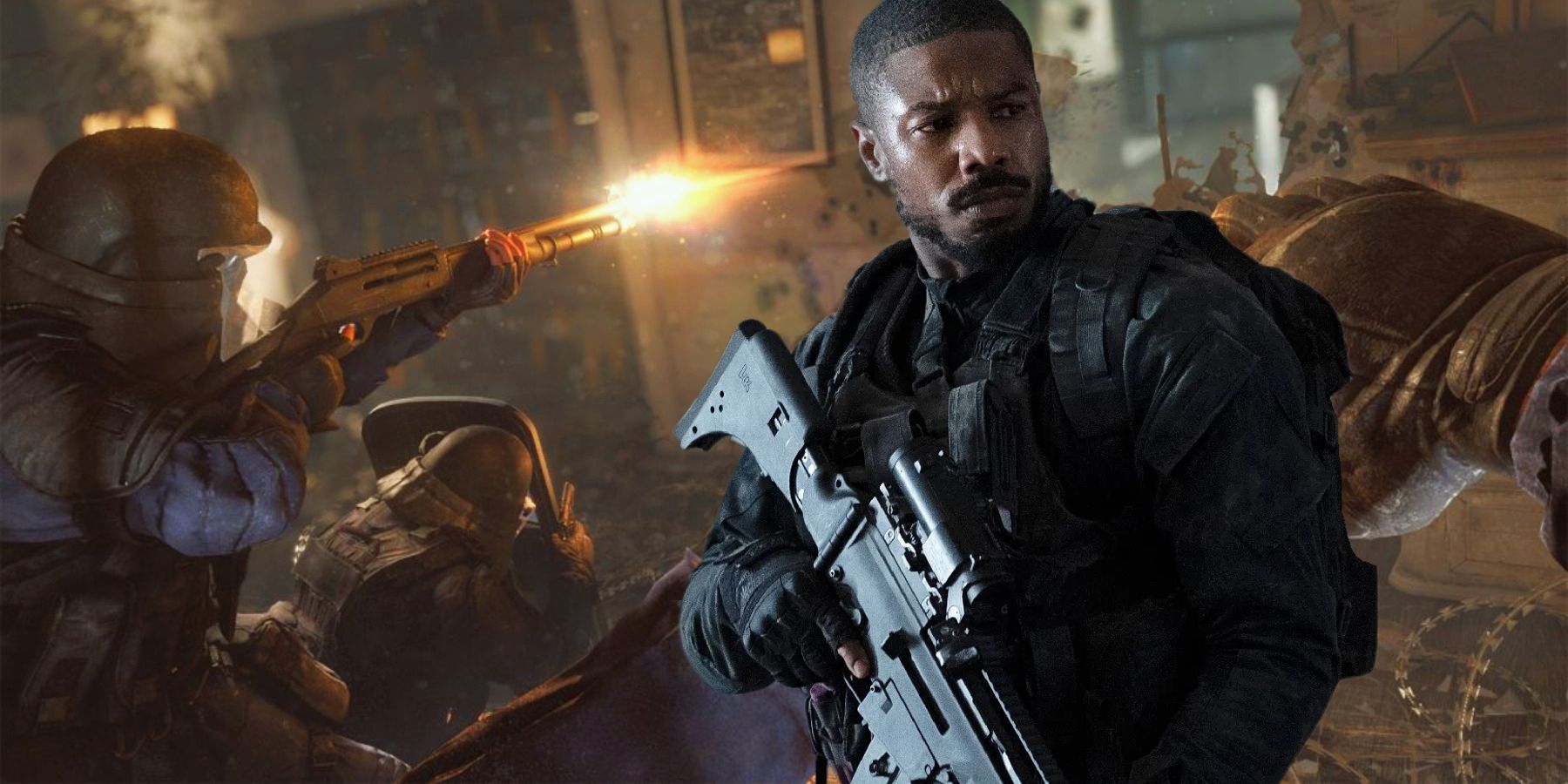 Michael B. Jordan in tactical gear with Rainbow Six Siege background