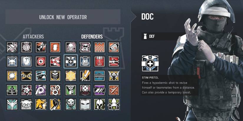Doc from Rainbow Six Siege accompanied by an icon list.