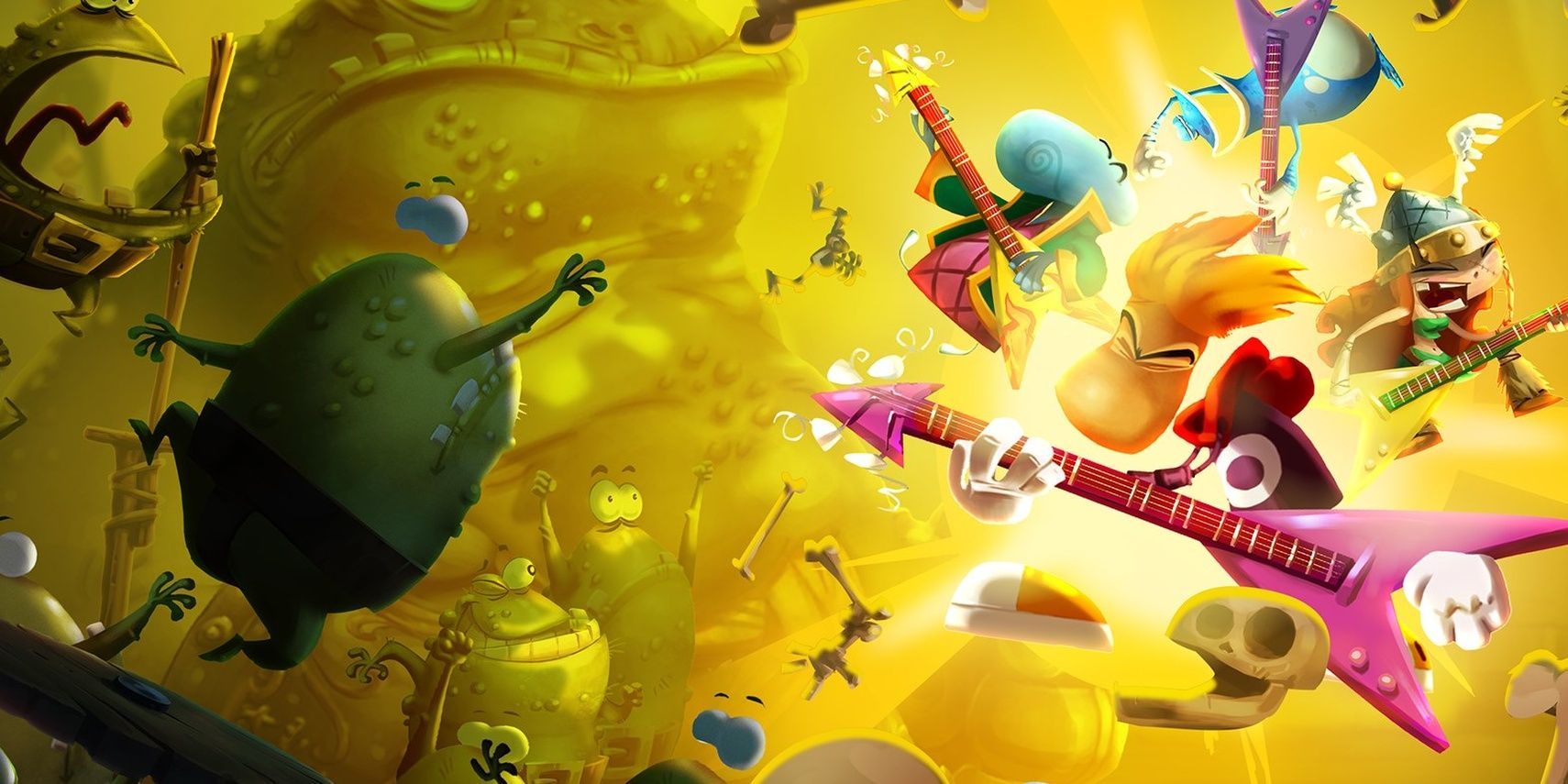 rayman legends rayman playing the gutair with enemies running towards him