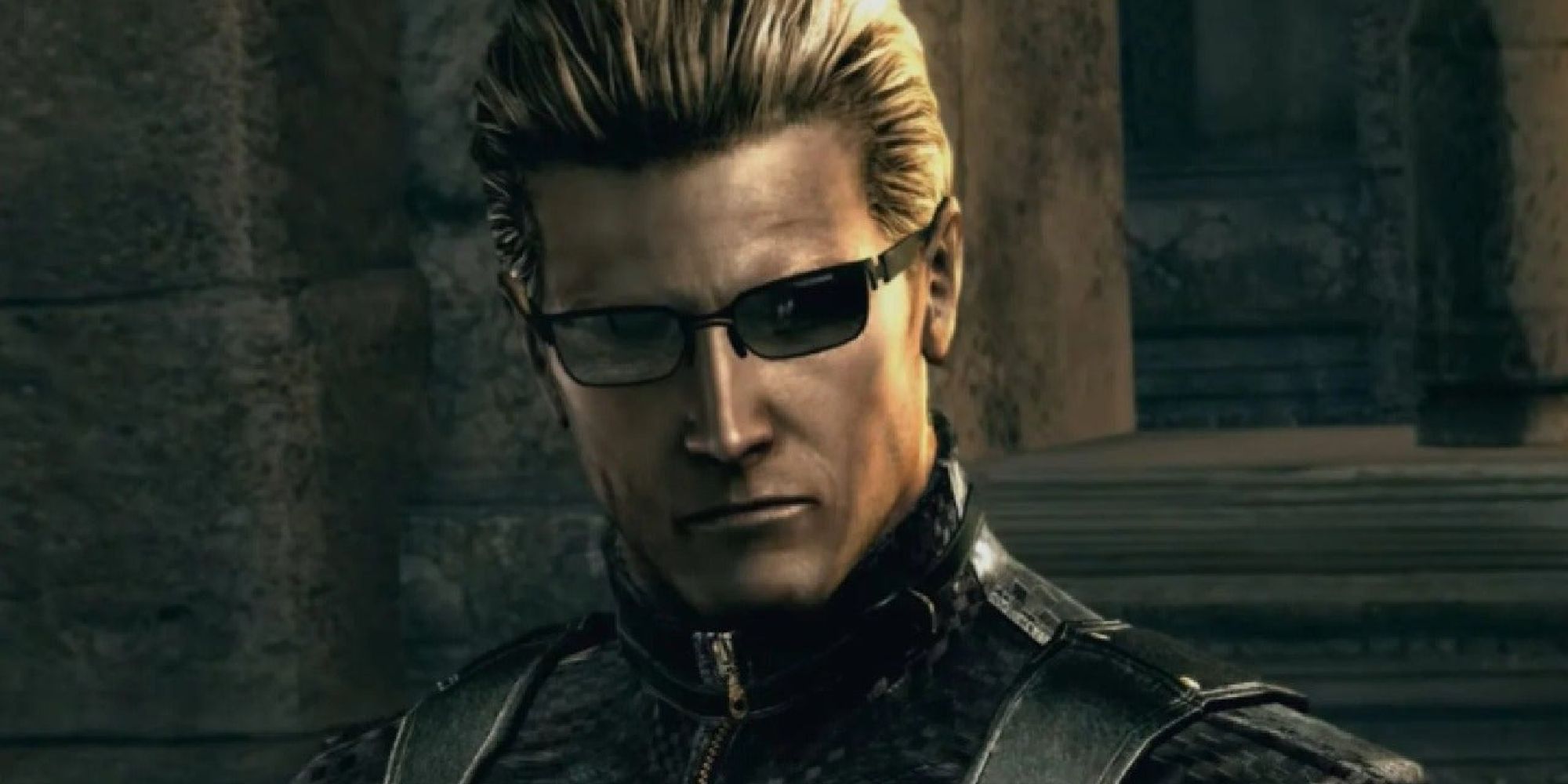 Wesker as shown in RE5, looking to the side through his glasses.