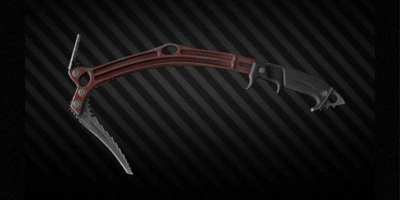 The Red Rebel Ice Pick in front of a diagonal background in Escape From Tarkov