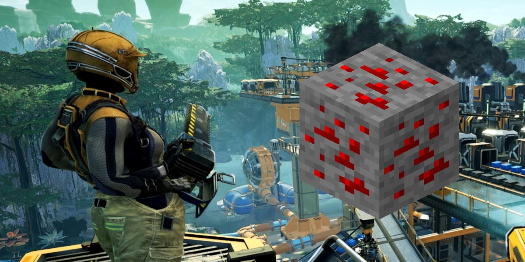 A Satisfactory player looking at a Redstone Ore block from Minecraft superimposed over a factory
