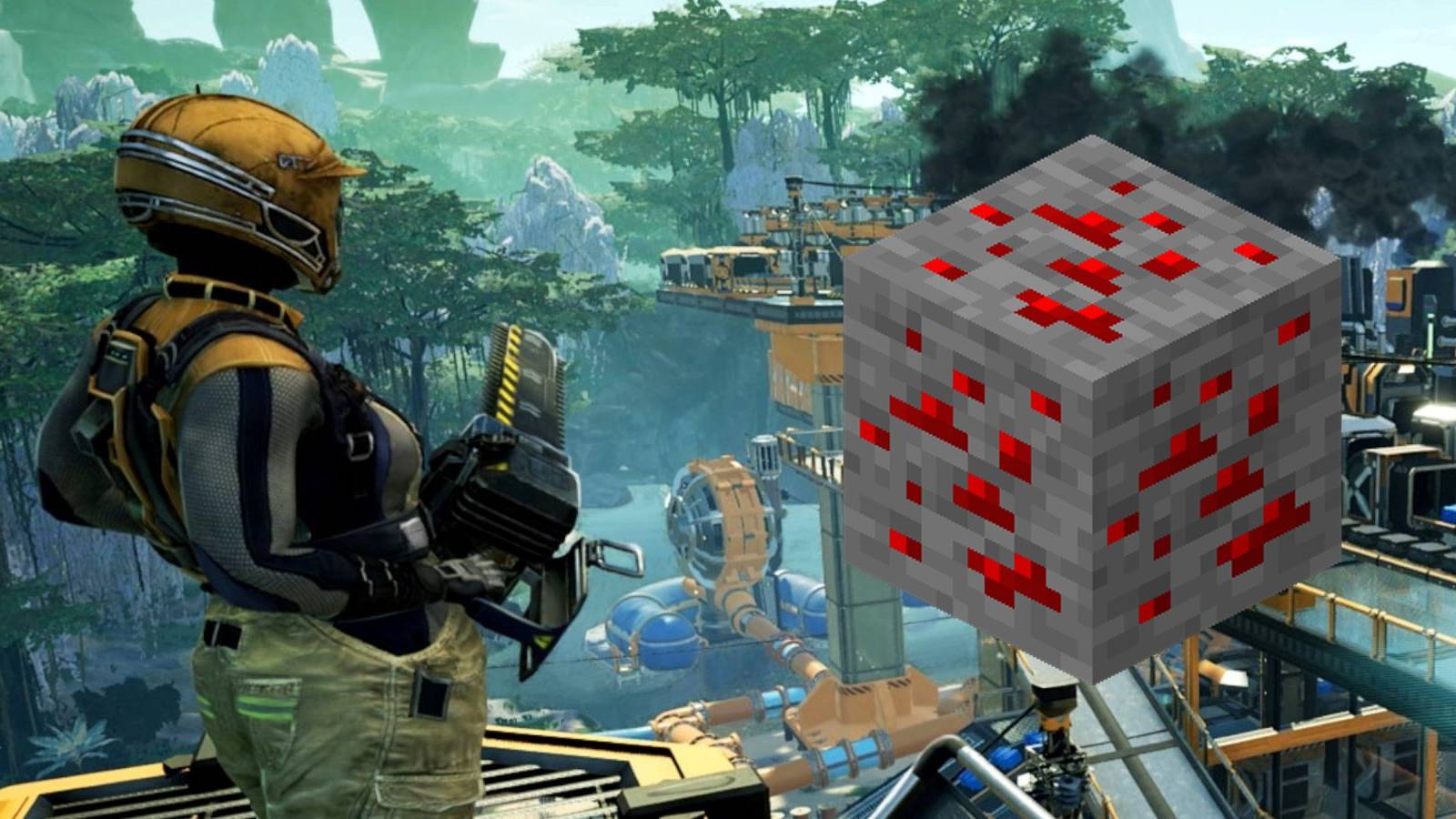 A Satisfactory player looking at a Redstone Ore block from Minecraft superimposed over a factory