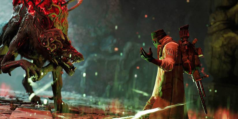 Screenshot from Remnant 2, a creature fight with magic gameplay.