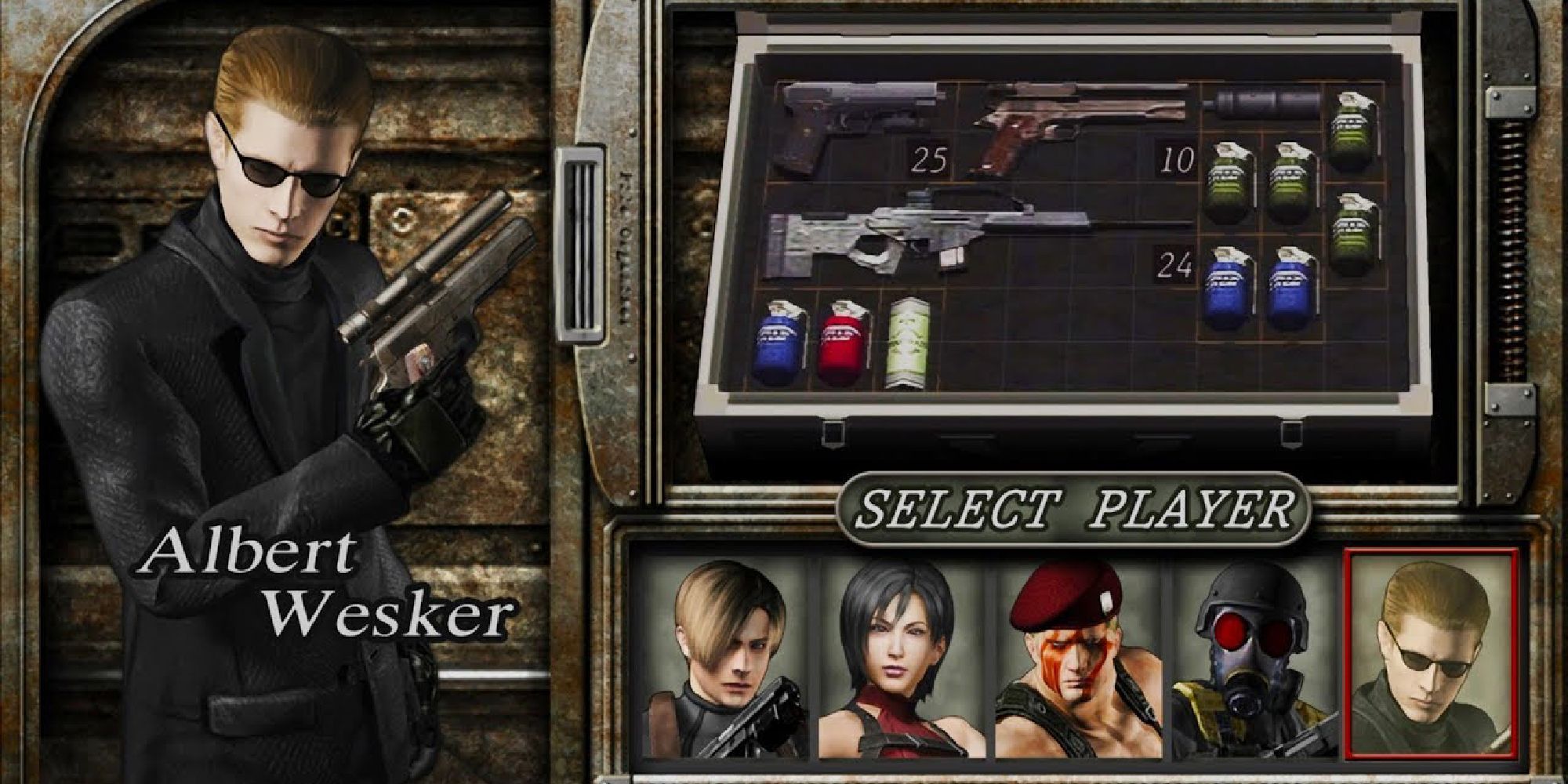 The character select screen for Mercenaries. Wesker is currenly selected.