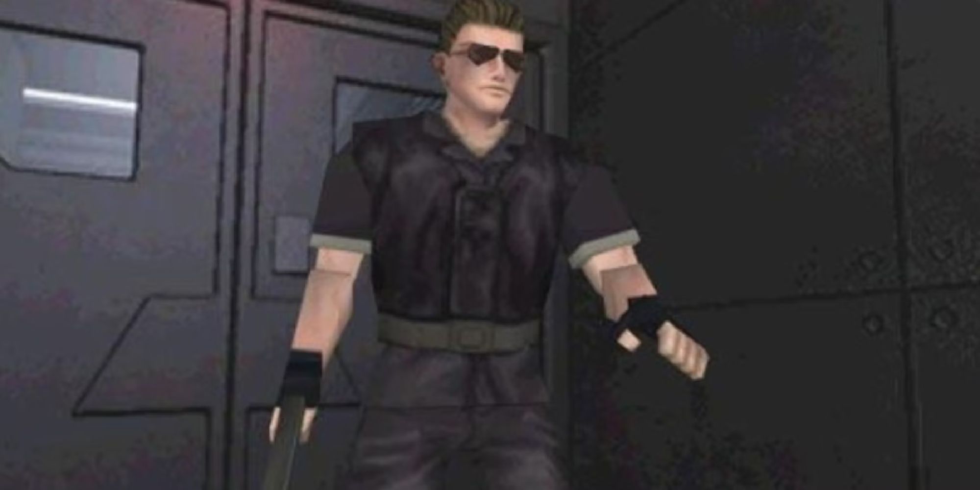 A screencap of Wesker from the very first game, a gun in one hand, his other slightly raised.
