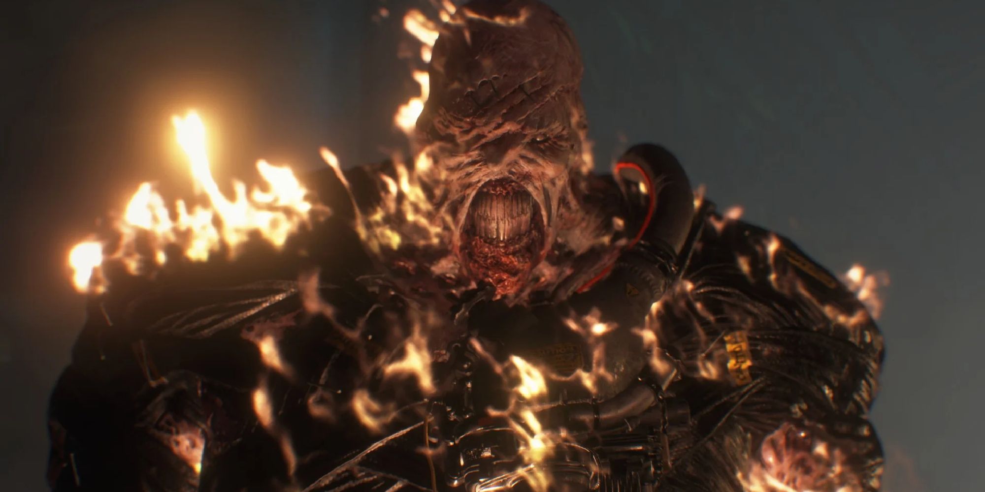 Nemesis as depicted in the Resident Evil 3 remake, shown on flames as the unstoppable juggernaut he is.