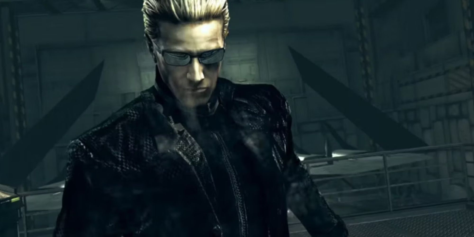 Wesker in the fifth installment, with his trademark shades and leather trenchcoat.