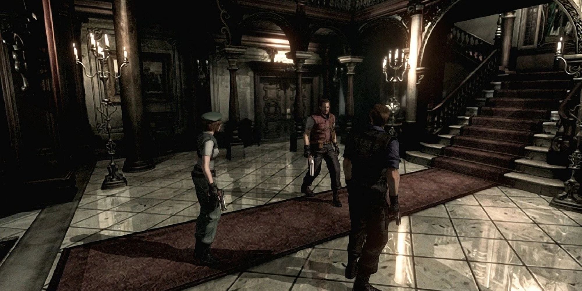 Barry, Wesker and Jill standing in the lobby of the Spencer mansion.
