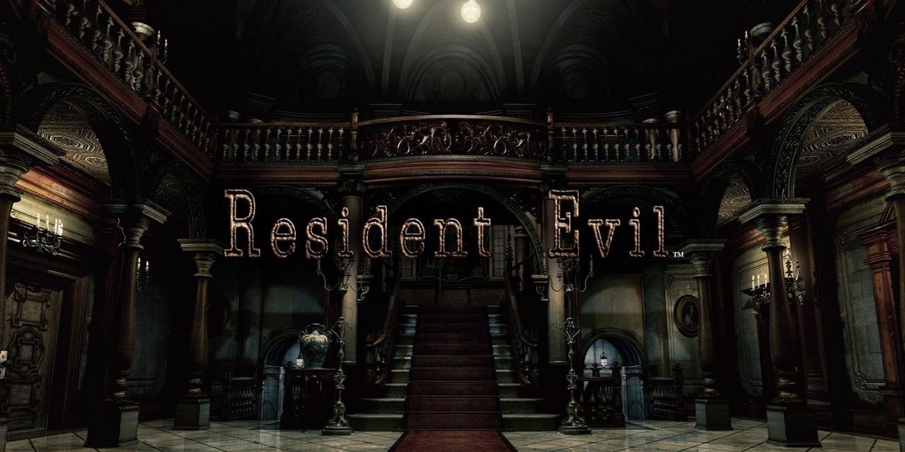 Logo from the Resident Evil remake showing the Spencer Mansion in the background.