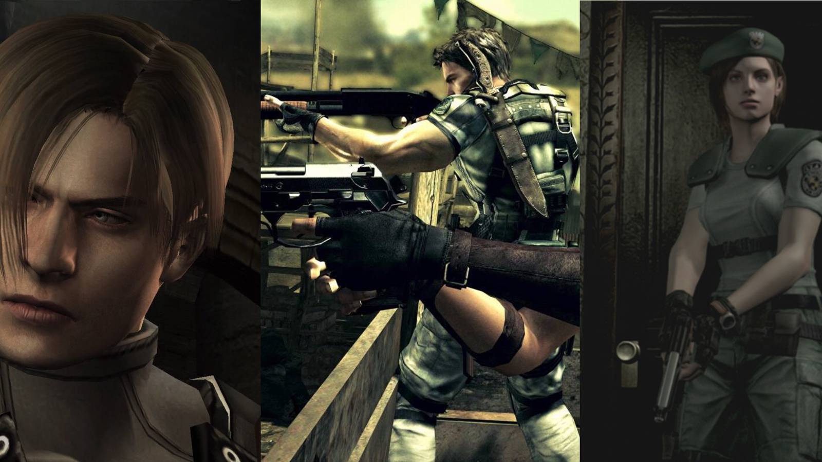 A split image featuring series protagonists Leon S Kennedy, Chris Redfield and Jill Valentine