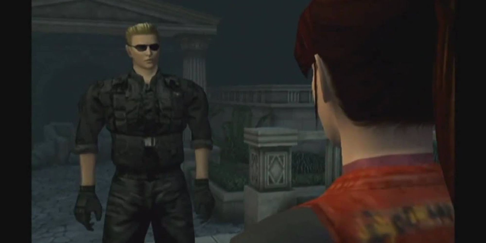 Wesker and Claire facing each other in Code Veronica, sharing a conversation.