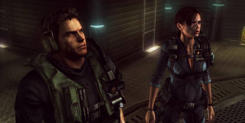 Chris and Jill stand side by side, looking up at something off-screen. 