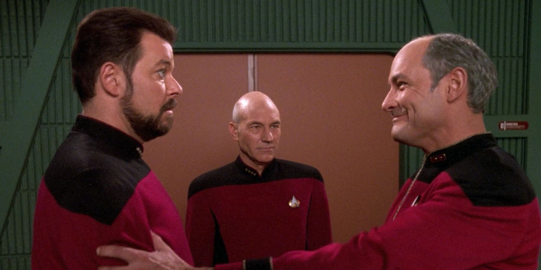 Riker, Picard, and Admiral Pressman in "The Pegasus".