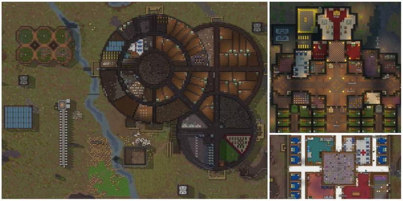 A split image of player bases in RimWorld