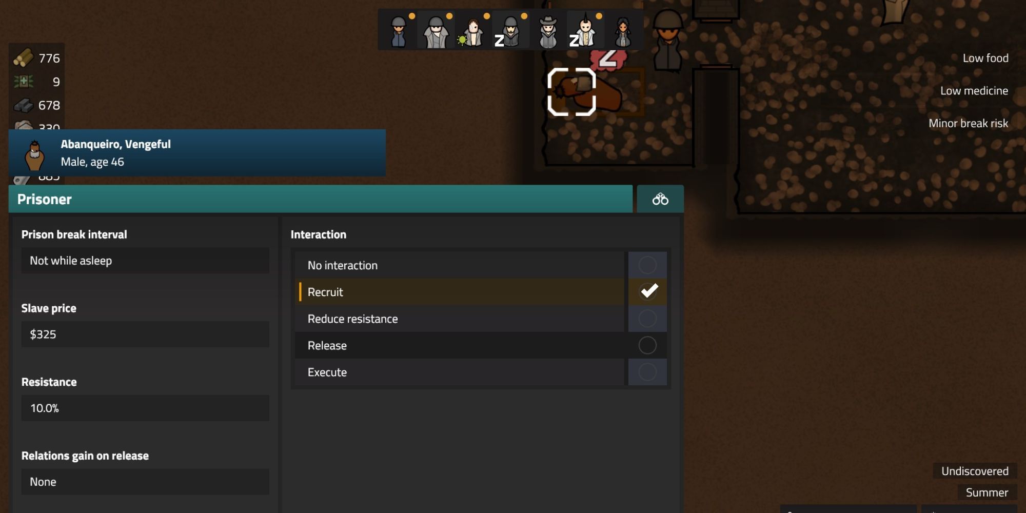 Recruiting a prisoner on Rimworld