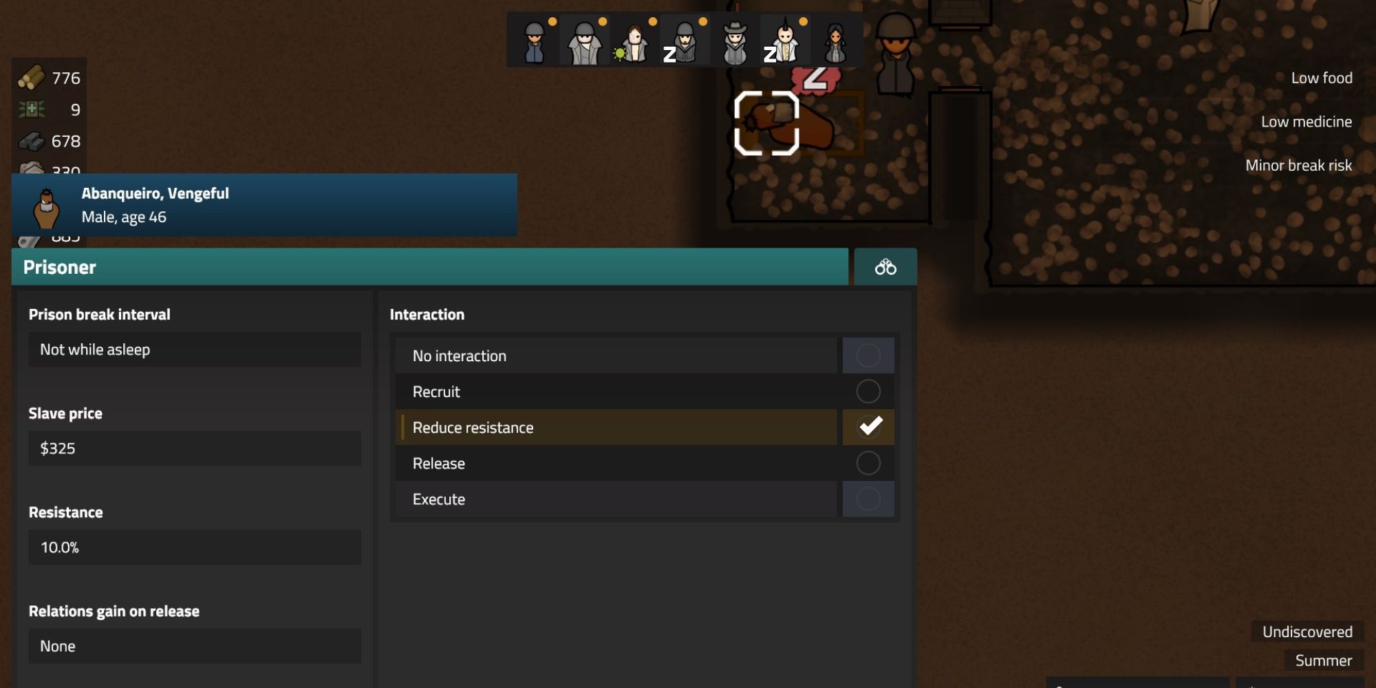 Selecting reduce resistance from prison menu in Rimworld