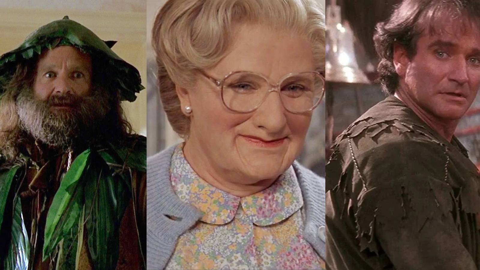 A split image of Robin Williams's characters from Jumaji, Hook, and Mrs Doubtfire.