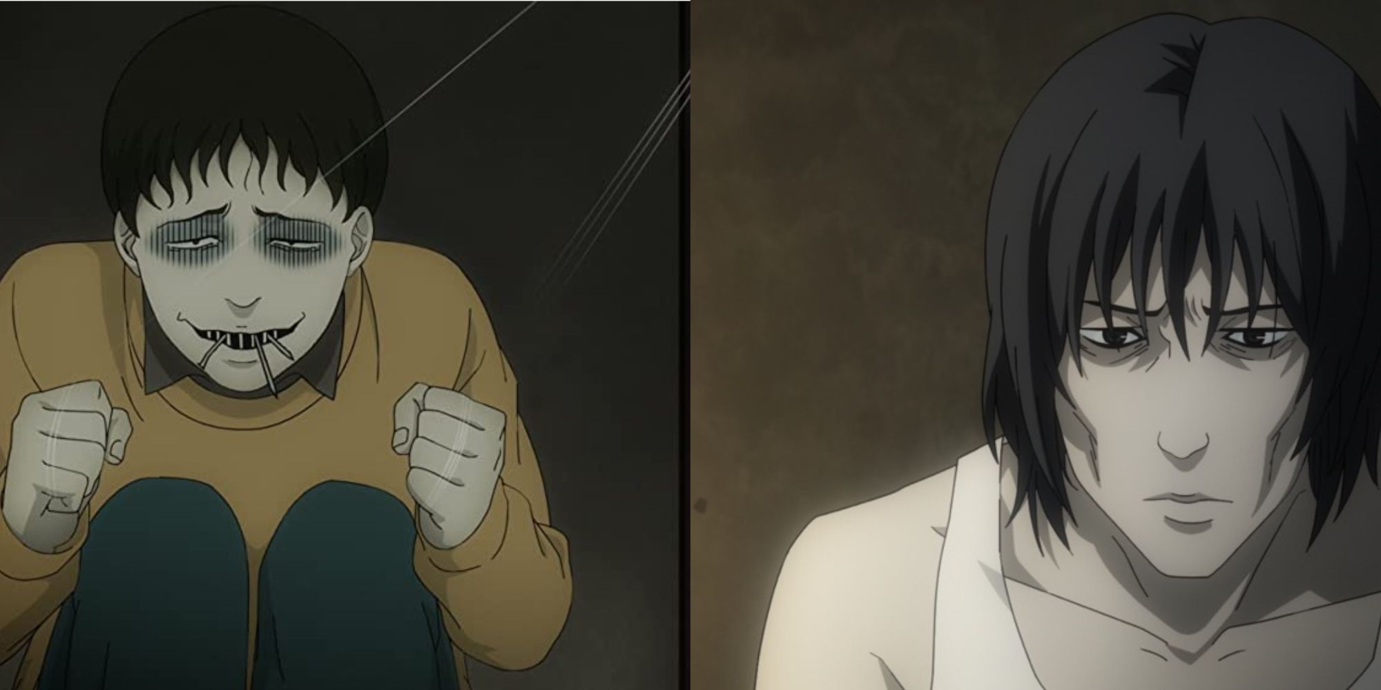 anime - two way split grid of a young boy chewing on metal nails, and a haggard long haired man in a white tank top