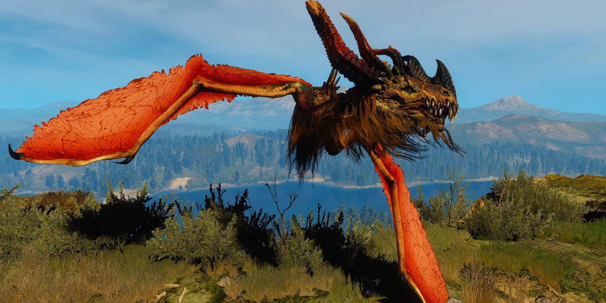 A royal wyvern flies over a grassy cliff