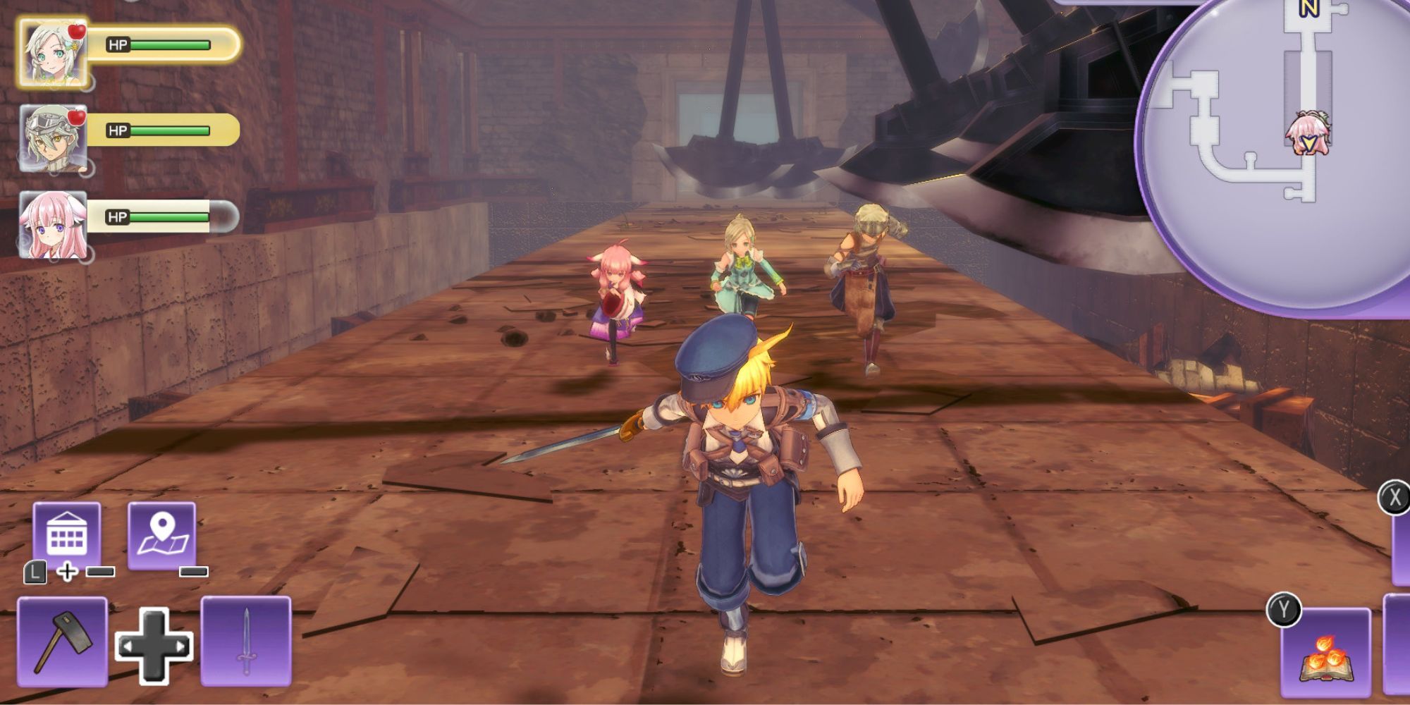 The player running through a dungeon being followed by three companions in Rune Factory 5
