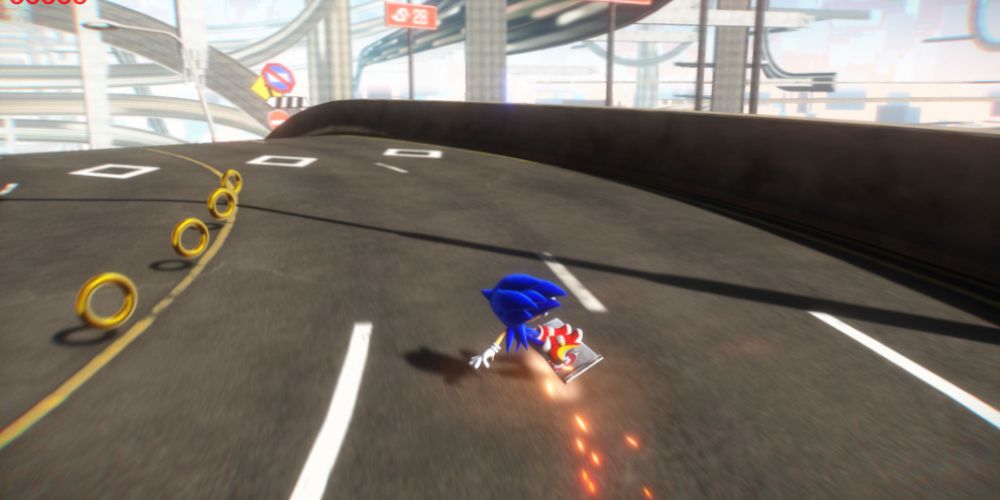 Sonic sliding down the freeway on a metal board, sparks flying behind it. Image source: GameBanana.com
